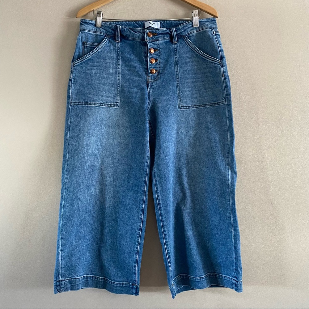 OAT New York Women’s Blue Mid-Rise Wide Leg Cropped Denim Jeans Button Fly Sz 31